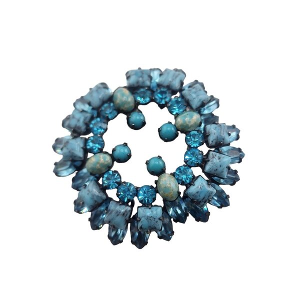 Signed Schreiner NY Turquoise Matrix Glass and Rhinestone Layered Brooch (A4944) - Picture 4 of 7